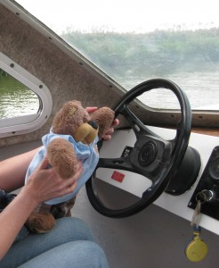 Teddy Tedaloo piloting a boat through the Broads