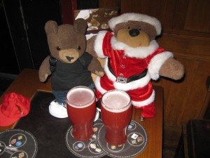 Teddy Tedaloo and his mate enjoy a pint of Fruli beer